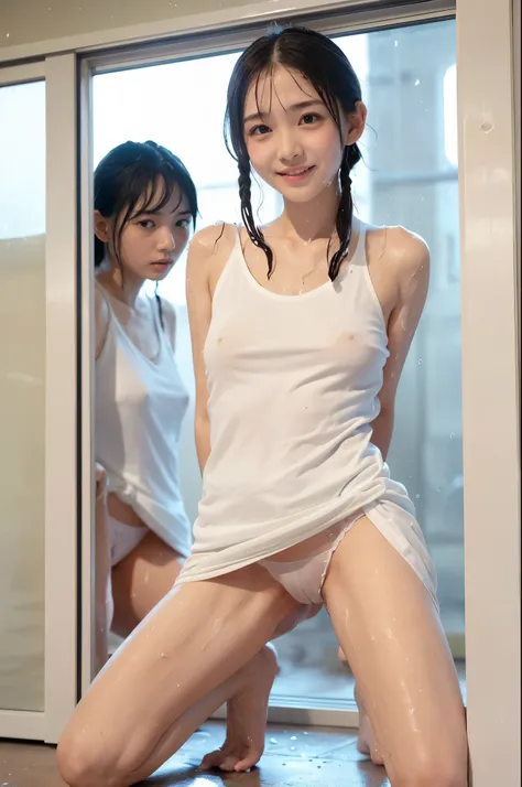 Two girls squatting at the window of an ear in a school classroom,(Japanese junior high school students), ((((Lean in like looking in ,  opens legs wide)))),  always look at the camera to look good ,white oversized dress, White Panties 、bangs,smile, Short ...