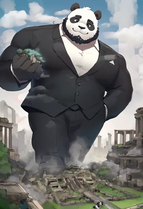 panda，   personification ，mature man，strong men  ，  Black beard  ，Cold expression，  friendly smile ，    black eyebrows    ，black suit suit  ，    Hands in Pockets ，    The Age of Steam，garden。(Massiv:3.0, (   heavyweight,stark,Macro, Emphasize,   step on th...