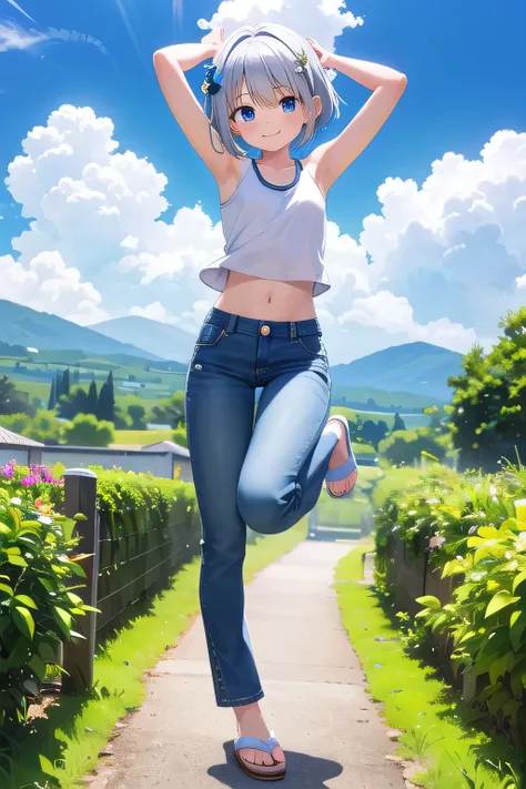 masterpiece,best quality,ultra detail,1girl, 14yo,petite,smile happy, garden, bright, sunshine, cloud, short hair, blue eyes, silver hair, hair ornament, ribbon hair ornament, Raise your arms and behind your head,White teeth, white tank tops, crop tops jea...