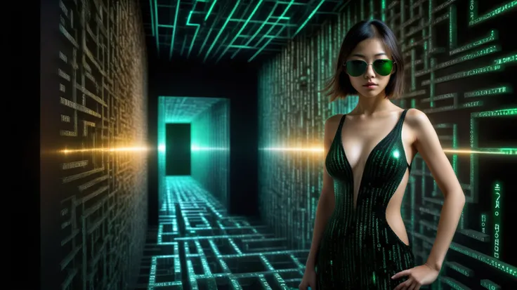 (Wide and low angle view). Ryoji Ikeda Style, High quality 3d background in matrix style, a simple outlined transparent maze corridor. Everything is entirely made out of streams of matrix code, miniscule luminating bright green Japanese katakana symbols, s...