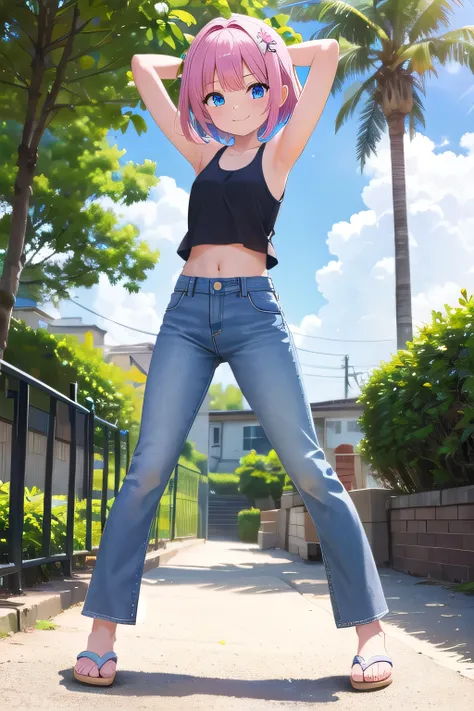 masterpiece,best quality,ultra detail,1girl, 14yo,petite,smile happy, garden, bright, sunshine, cloud, short hair, blue eyes, pink hair, hair ornament, ribbon hair ornament, Raise your arms and behind your head,White teeth, white tank tops, crop tops jeans...