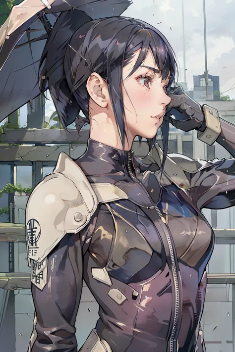 live-action、 real、Very beautiful Japanese schoolgirl、 Black Hair、Moderate bust、 bodysuit、 simple background、 upper body、 shortcuts、 upper body、profile、 look up at the sky、ruins、heavy rain、Combat Uniform、Alone、from adove