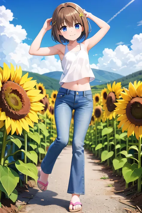 masterpiece,best quality,ultra detail,1girl, 14yo,petite,smile happy, sunflower garden, bright, sunshine, cloud, yagami hayate, short hair, blue eyes, brown hair, hair ornament, x hair ornament, Raise your arms and behind your head,White teeth, white tank ...