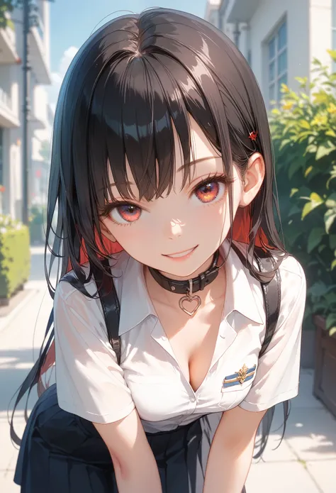 Score_9,Score_8_up,Score_7_up,highest quality anime,masterpiece,extremely detailed,depth of field,high-resolution,1 girl,slim,(black long hair,straight bangs),(Ideal slender proportions),(white shirt,uniform),(leaning forward),(opening the collar of her sh...