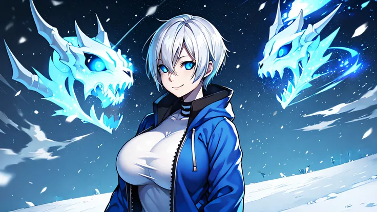 Toby Fox Undertale Sans Blue Jacket  , Fire Eyes Skull Smile White Short Hair Luminous Face Blue Dragon Bone Cannon One Person Standing In Snow Town Femininefull Super huge big breasts breast enlargement