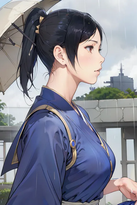 live-action、 real、Very beautiful Japanese schoolgirl、 Black Hair、Moderate bust、Chun-Li Cosplay、 simple background、 upper body、Official hairstyle 、 face zoom up、profile、 look up at the sky、ruins、heavy rain、Combat Uniform、Alone、from adove