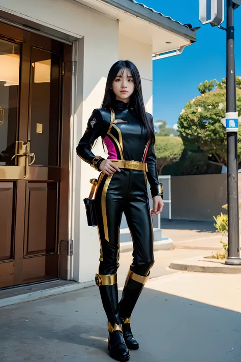 **Image Description:**
- Setting: Outdoor sunset with a colorful sky, in a fantasy theme.
- Character: A young girl with long dark hair, depicted as a police in a black outfit with gold details.
- Outfit: A Power Ranger-inspired black suit featuring a re...