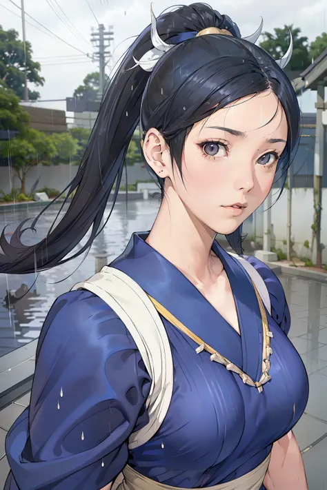 live-action、 real、Very beautiful Japanese schoolgirl、 Black Hair、Moderate bust、Chun-Li Cosplay、 simple background、 upper body、Official hairstyle 、 face zoom up、 look up at the sky、ruins、heavy rain、Alone、from adove