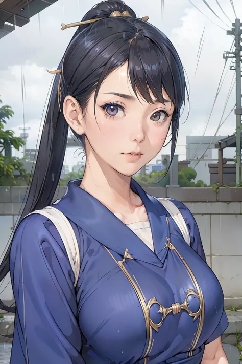 live-action、 real、Very beautiful Japanese schoolgirl、 Black Hair、Moderate bust、Chun-Li Cosplay、 simple background、 upper body、Official hairstyle 、 face zoom up、 look up at the sky、ruins、heavy rain、Alone、from adove