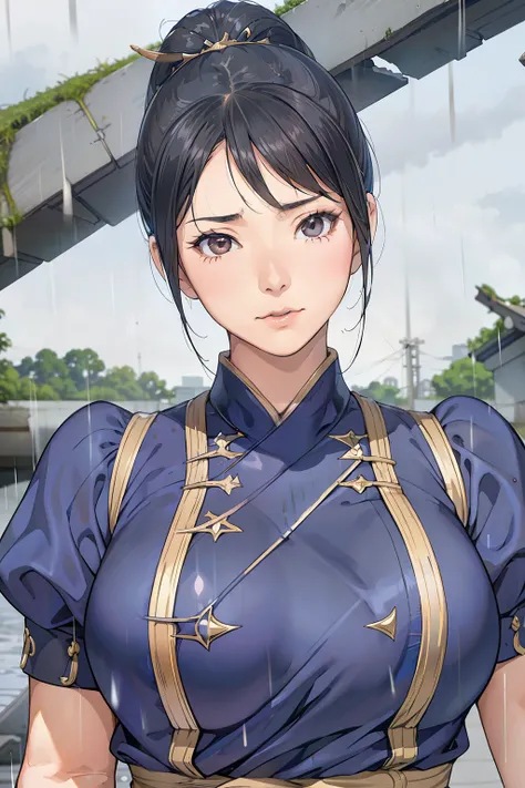 live-action、 real、Very beautiful Japanese schoolgirl、 Black Hair、Moderate bust、Chunli、 simple background、 upper body、Official hairstyle 、Official costume、 face zoom up、 look up at the sky、ruins、heavy rain、Alone、from adove