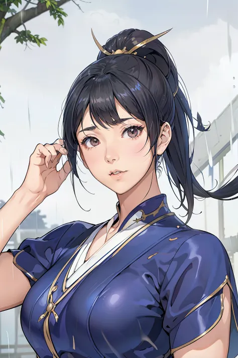 live-action、 real、Very beautiful Japanese schoolgirl、 Black Hair、Moderate bust、Chunli、 simple background、 upper body、Official hairstyle 、Official costume、 face zoom up、 look up at the sky、ruins、heavy rain、Alone、from adove