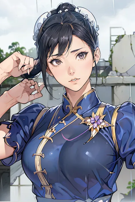 live-action、 real、Very beautiful Japanese schoolgirl、 Black Hair、Moderate bust、Chunli、 simple background、 upper body、Official hairstyle 、Official costume、 face zoom up、 look up at the sky、ruins、heavy rain、Alone、from adove