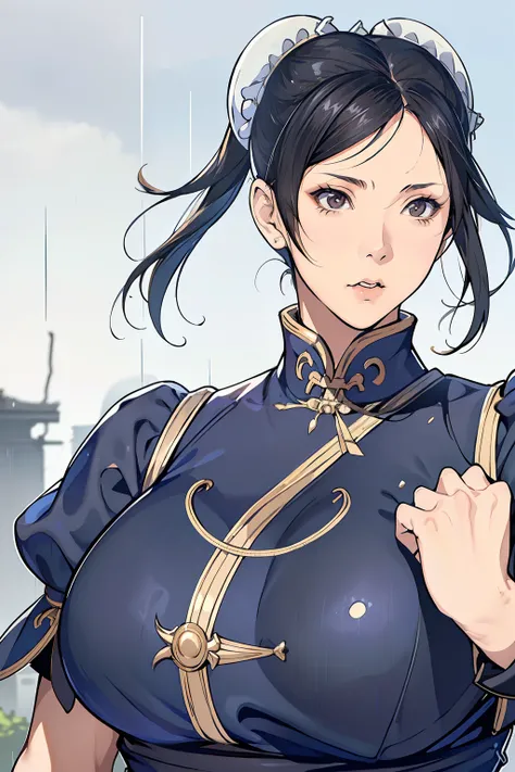 live-action、 real、Very beautiful Japanese schoolgirl、 Black Hair、Moderate bust、Chunli、 simple background、 upper body、Official hairstyle 、Official costume、 face zoom up、 look up at the sky、ruins、heavy rain、Alone、from adove