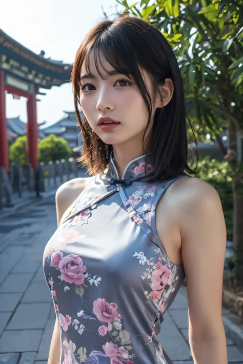 (8k, RAW photo,Best Quality,  high definition:1.1), ( super real :1.4),(Realistic, Realistic:1.3), The Beauty of Japan 、(( china dress:1.3))、(( upper body:1.3)),print {black|Pink|blue|Purple|Gray} panties,armpit