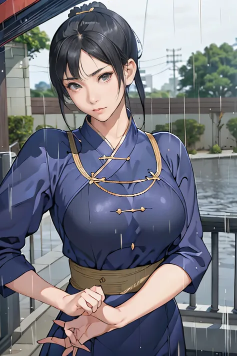 live-action、 real、Very beautiful Japanese schoolgirl、 Black Hair、Moderate bust、Chunli、 simple background、 upper body、Official hairstyle 、Official costume、 face zoom up、Tai Chi Pose、ruins、heavy rain、Alone、from adove