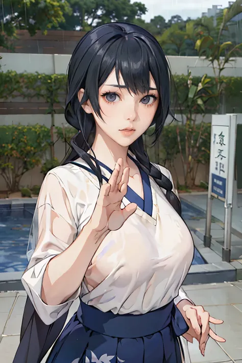 live-action、 real、Very beautiful Japanese schoolgirl、 Black Hair、Moderate bust、Poozaki Poona、 simple background、 upper body、Official hairstyle 、Official costume、 face zoom up、Tai Chi Pose、ruins、heavy rain、Alone、from adove