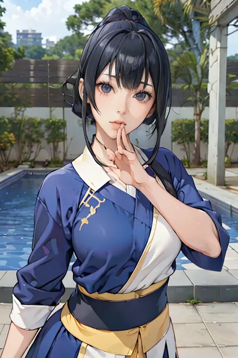 live-action、 real、Very beautiful Japanese schoolgirl、 Black Hair、Moderate bust、Poozaki Poona、 simple background、 upper body、Official hairstyle 、Official costume、 face zoom up、Tai Chi Pose、ruins、Alone、from adove