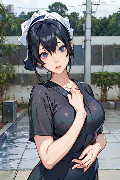 live-action、 real、Very cute and beautiful Japanese high school girl、 Black Hair、Moderate bust、Poozaki Poona、 simple background、 upper body、 shortcuts、 sailor suit、White headband、 face zoom up、ruins、heavy rain、Alone、from adove