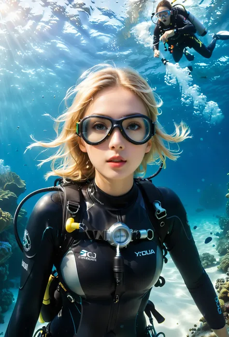  photorealistic、Live-action version、 beautiful 20-year-old woman with big eyes、 scuba diving 、 black wetsuit、goggles、Oxygen mask、Underwater footage、Looking up at the surface of the sea from the bottom of the sea、Light pours down、Beautiful 20-year-old woman...