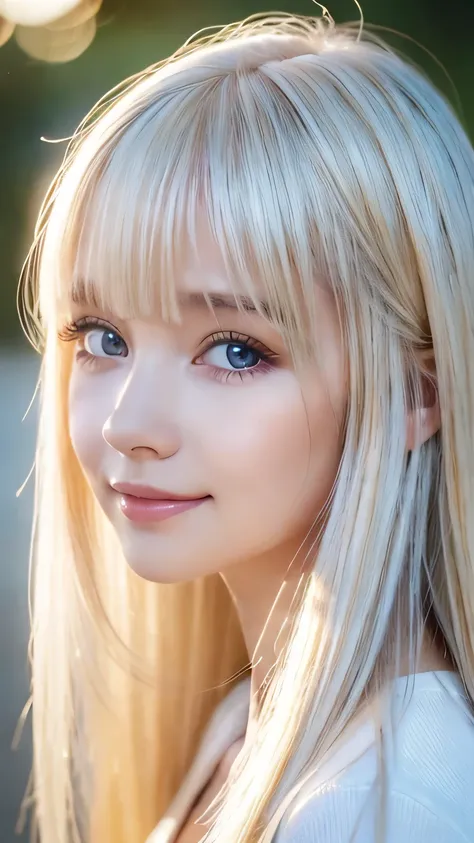 RAW Photos、((( Extreme Beauty Portrait )))、((Beautiful white skin ))、 1 girl、Cute Pretty Girl with an Innocent Baby Face 、(( Shiny Bright Platinum Blonde Hair ))、Cute clothes、Bangs hanging on the face 、Bangs between the eyes、[attractive whitish very brigh...