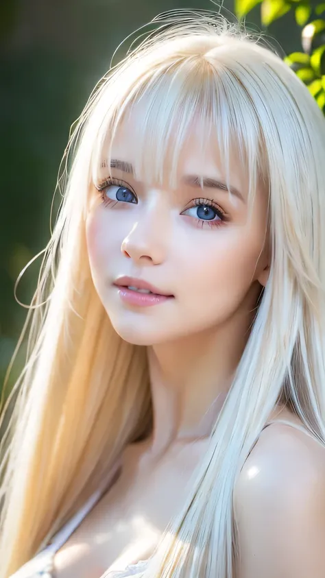 RAW Photos、((( Extreme Beauty Portrait )))、((Beautiful white skin ))、 1 girl、Cute Pretty Girl with an Innocent Baby Face 、(( Shiny Bright Platinum Blonde Hair ))、Cute clothes、Bangs hanging on the face 、Bangs between the eyes、[attractive whitish very brigh...