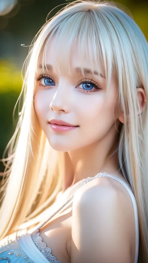RAW Photos、((( Extreme Beauty Portrait )))、((Beautiful white skin ))、 1 girl、Cute Pretty Girl with an Innocent Baby Face 、(( Shiny Bright Platinum Blonde Hair ))、Cute clothes、Bangs hanging on the face 、Bangs between the eyes、[attractive whitish very brigh...