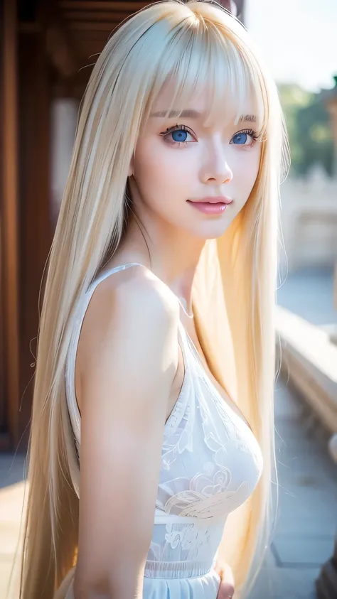 RAW Photos、((( Extreme Beauty Portrait )))、((Beautiful white skin ))、 1 girl、Cute Pretty Girl with an Innocent Baby Face 、(( Shiny Bright Platinum Blonde Hair ))、Cute clothes、Bangs hanging on the face 、Bangs between the eyes、[attractive whitish very brigh...