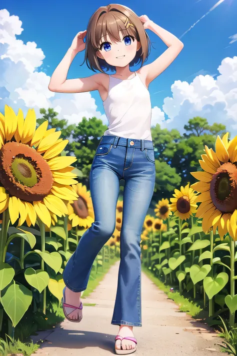 masterpiece,best quality,ultra detail,1girl, 14yo,petite,smile happy, sunflower garden, bright, sunshine, cloud, yagami hayate, short hair, blue eyes, brown hair, hair ornament, x hair ornament, Raise your arms and behind your head,White teeth, topless, je...