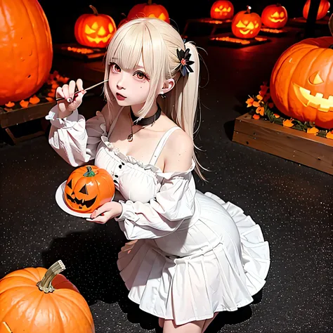 Anime girl holding a plate of food in front of a pumpkin, Halloween festival ,  Halloween vibe,  Halloween art style  , ❤🔥🍄🌪,  Halloween Night, splash art anime change,   trick or treat , change, everyone, White-haired God,  Halloween theme ,  from Girls F...