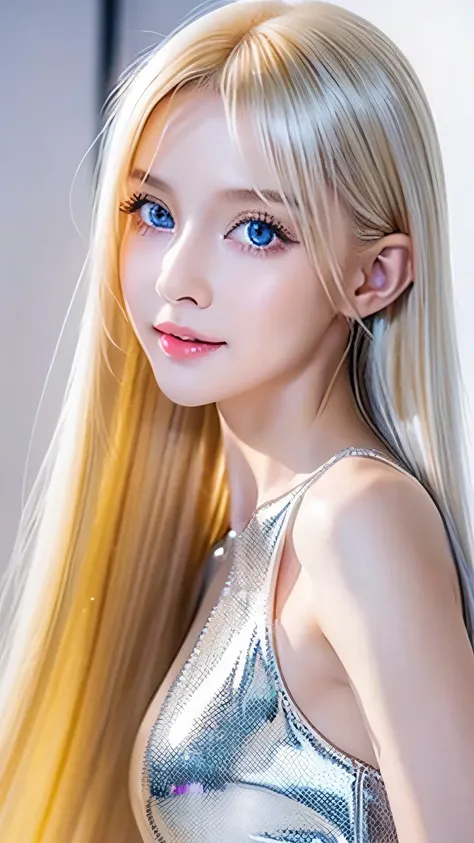 (( glossy platinum blonde hair and dazzlingly glossy hair))、 adorable little beautiful face of a 、Bright expression、 ponytail、Have a cute face that suits you 、 shiny long bangs dancing in front of a cute face between eyes 、Hair that hides the face、( very ...