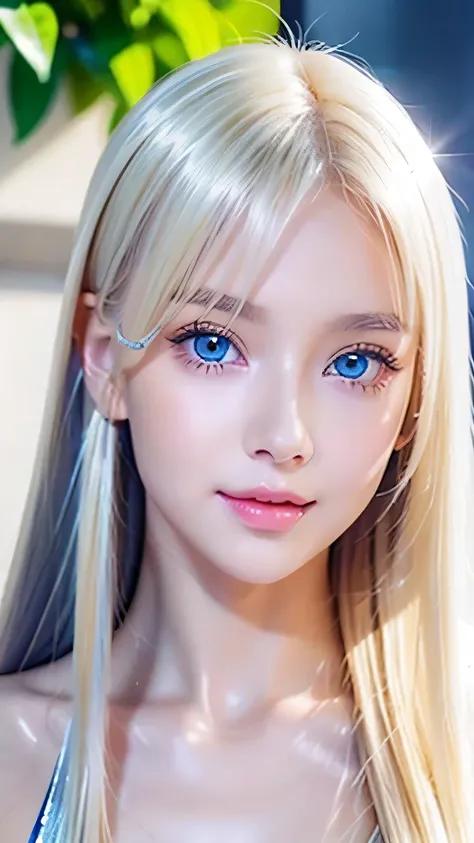 (( glossy platinum blonde hair and dazzlingly glossy hair))、 adorable little beautiful face of a 、Bright expression、 ponytail、Have a cute face that suits you 、 shiny long bangs dancing in front of a cute face between eyes 、Hair that hides the face、( very ...