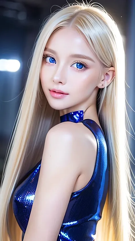 (( glossy platinum blonde hair and dazzlingly glossy hair))、 adorable little beautiful face of a  、bright expression、 ponytail、h...