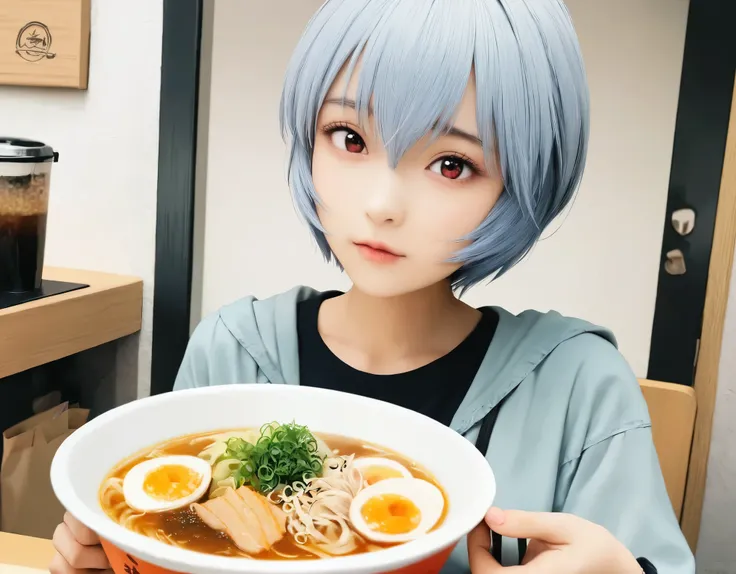 (best quality, 8k, high resolution:1.2), 1girl, ayanami_rei, ramen, upper body