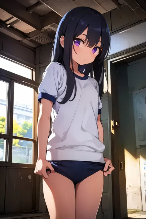 elementary school student, , toddler, flat chest 　thin limbs　black hair, long hair, purple eyes　（（one person）） upper body gym su...