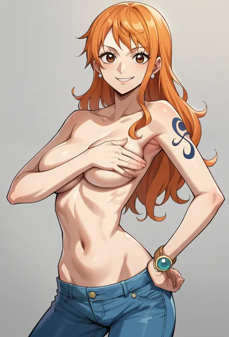 score_8_up, best quality, source_anime, 1girl, Nami, orange hair, from front, topless, jeans, looking at viewer, navel, sexy, (one arm only covering breasts:1.1), (one arm on hip:1.1), smile, armpit, off-shoulders