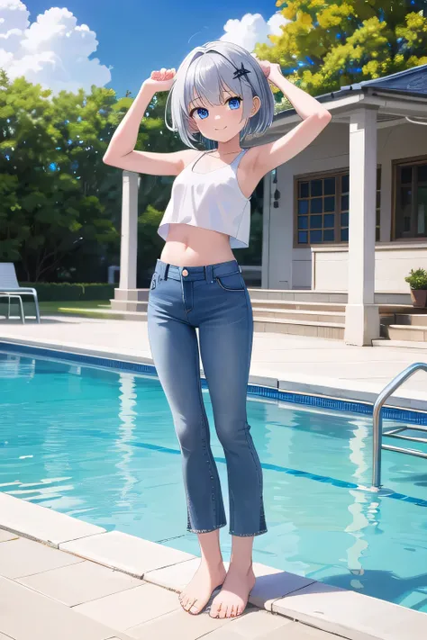 masterpiece,best quality,ultra detail,1girl, 14yo,petite,smile happy, swimming pool, sunshine, cloud, short hair, blue eyes, silver hair, hair ornament, ribbon hair ornament, Raise your arms and behind your head,White teeth, white tank tops, white crop top...