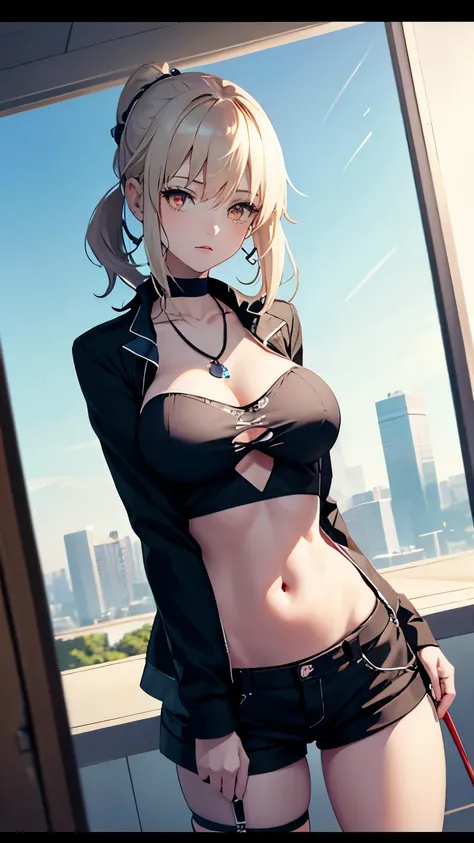 1 girl, red eyes, breast, large breast,  shorts, crop top outfit, shot_jacket  ,  thigh straps , (super detailed)), ((illustrati...