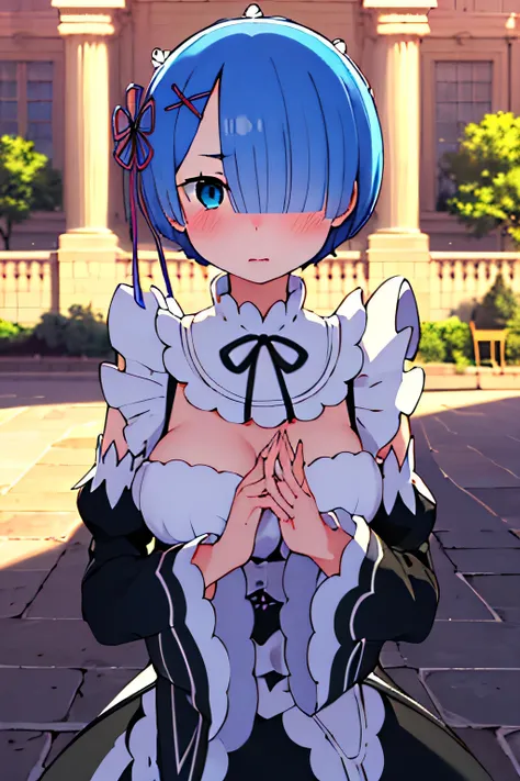 Masterpiece, Best Quality, Hi-Res, remrin, 1girl, Hair Ribbon, Short Hair, blue hair, black maid uniforms , medium breast , High Contrast Glossy Oily Skin, Huge Long, Naughty Big, Big Emphasis, stand up, holding viewer hand, mansion background , Blushing, ...
