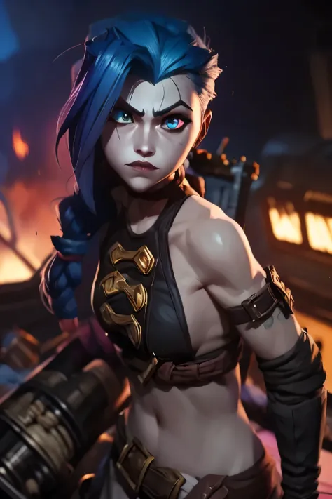 jinx league of legends, detailed eyes, firing a rocket shark launcher