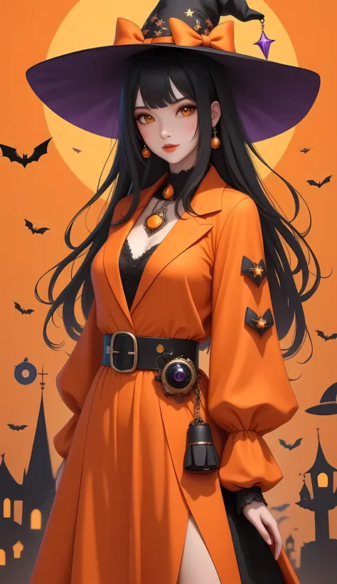 1girl, solo, witch, hat, spooky accessories, orange theme,adorned, demeanor ,