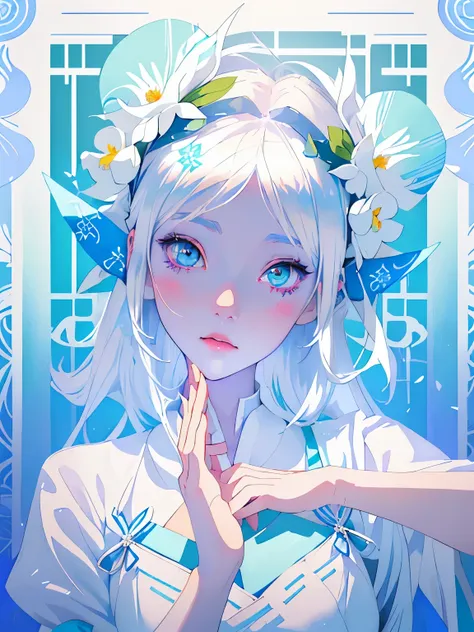 anime girl with blue hair and white dress with horns and flowers, white haired deity, white hime cut hairstyle, pale young ghost...