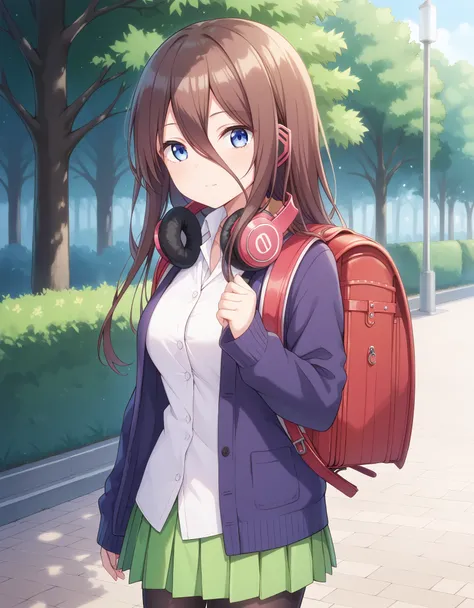 Masterpiece, hd, best quality miku nakano, long hair, bangs, blue eyes, brown hair, shirt, hair between eyes, headphones, cardigan, headphones around neck, skirt, shirt, long sleeves, white shirt, pantyhose, pleated skirt, black pantyhose, cardigan, green ...