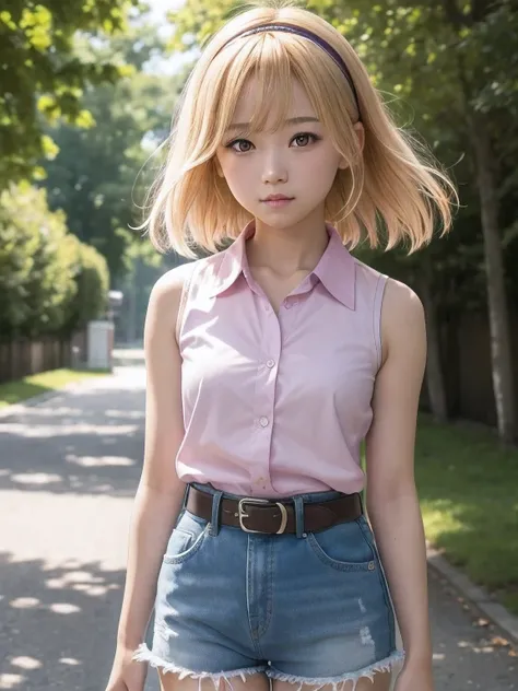 Daily life、 real style、Nature in the background、 soft lighting、(Satoko Hojo), girl, Alone, Blonde, blonde, purple eyes, short hair, ( headband ), flat chest, elementary school students, collared shirt, sleeveless shirt, ( pink shirt), White belt, Den...
