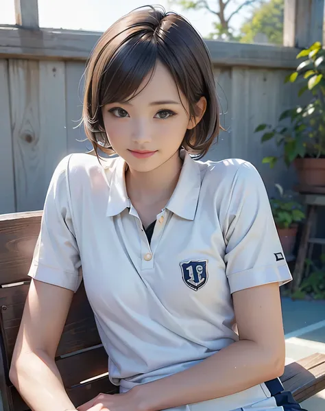 (Realistic:2.0),(High resolution:1.5),(Mastepiece),(1 girl:1.5),(solo:1.5),(looking at the viewer),Small face,(small Breasts),(tennis uniform),short bob hair,bangs:1.2,(Short sleeve),(Detailed eyes),(Accurate eyes),(Realistic eyes),School sports,Sitting on...