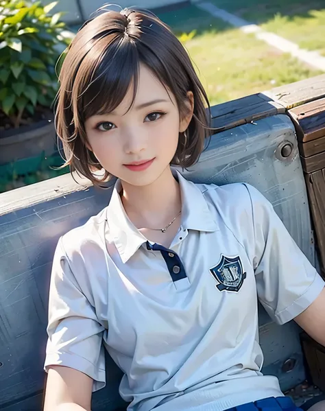 (Realistic:2.0),(High resolution:1.5),(Mastepiece),(1 girl:1.5),(solo:1.5),(looking at the viewer),Small face,(small Breasts),(tennis uniform),short bob hair,bangs:1.2,(Short sleeve),(Detailed eyes),(Accurate eyes),(Realistic eyes),School sports,Sitting on...