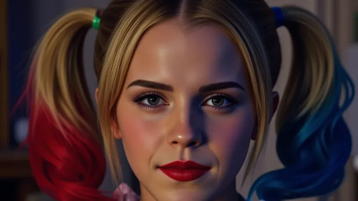 (masterpiece, best quality:1.2), closeup of Emma Watson dressed as Harley Quinn, red and blue pigtails, sexy smirk, masterpiece, 8k, best quality, ultra-detailed, sharp focus, physically-based rendering, vivid colors, cinematic lighting, dramatic shadows, ...