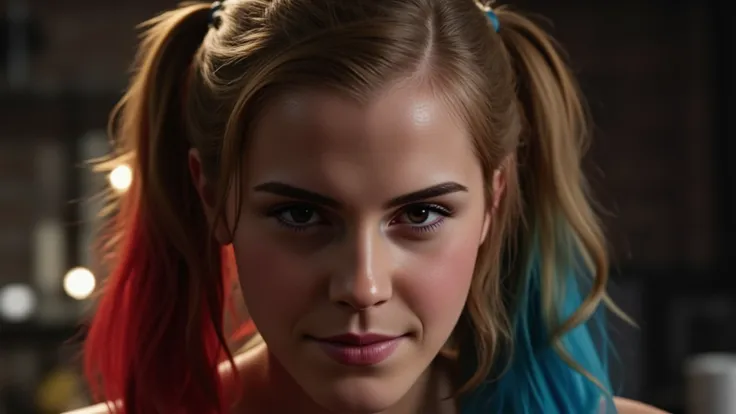 (masterpiece, best quality:1.2), closeup of emma watson dressed as harley quinn, red and blue pigtails, sexy smirk, masterpiece,...