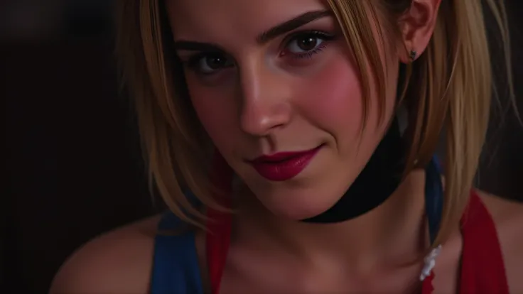 (masterpiece, best quality:1.2), closeup of Emma Watson dressed as Harley Quinn, red and blue pigtails, sexy smirk, masterpiece, 8k, best quality, ultra-detailed, sharp focus, physically-based rendering, vivid colors, cinematic lighting, dramatic shadows, ...