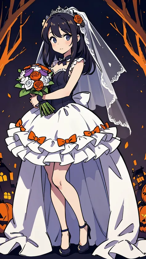 Halloween,bride, prom dress,cute veil ,Holding a bouquet,Droopy eyes,Upright full body