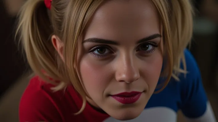 (masterpiece, best quality:1.2), closeup of Emma Watson dressed as Harley Quinn, red and blue pigtails, sexy smirk, masterpiece, 8k, best quality, ultra-detailed, sharp focus, physically-based rendering, vivid colors, cinematic lighting, dramatic shadows, ...